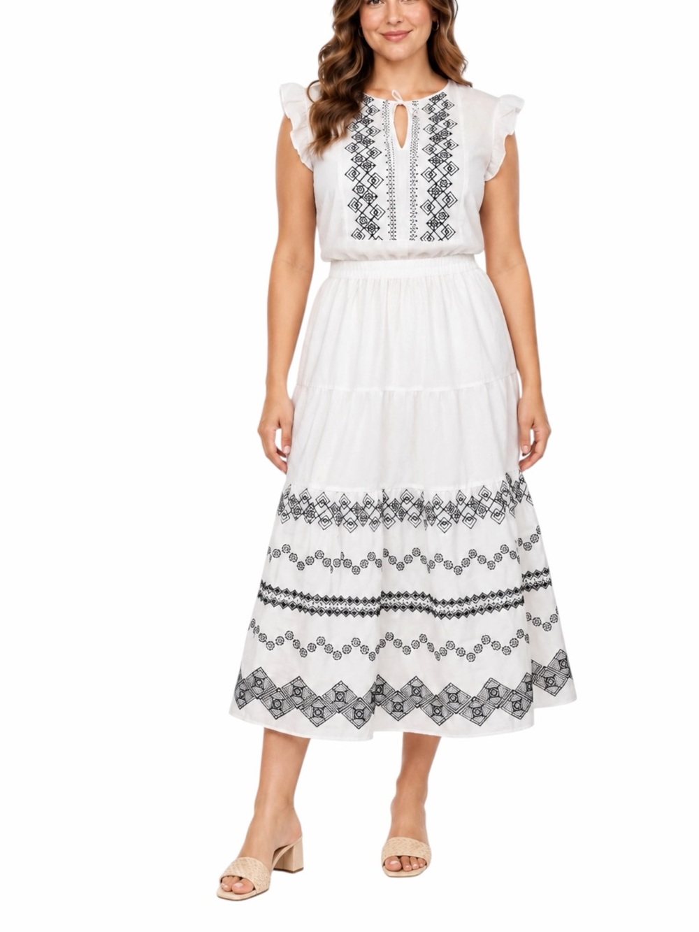 Draper James Skirt Top Set Size XXL White Black Embroidered Ruffle Boho Midi